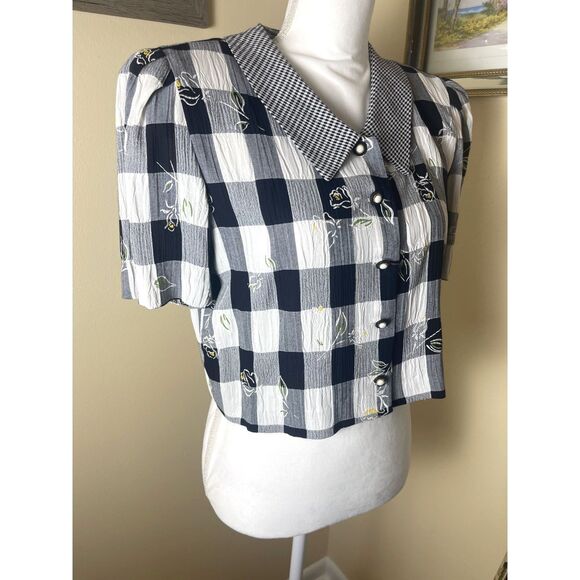 VTG Peri Petites Womens Gingham Check Floral Overlay Top Sz 12 Blouse Retro 80s - Picture 4 of 15